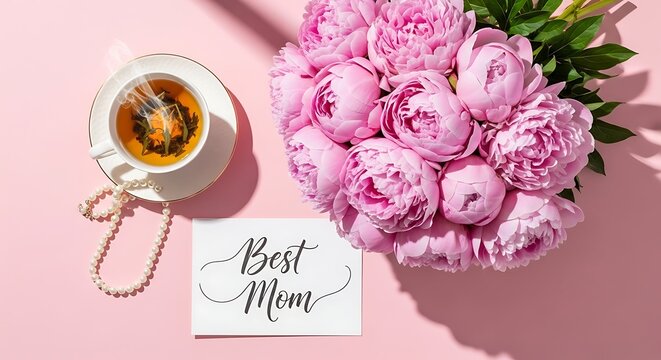 Mothers day greeting card with a bouquet of pink peonies, a cup of tea, and a pearl necklace on a pink background