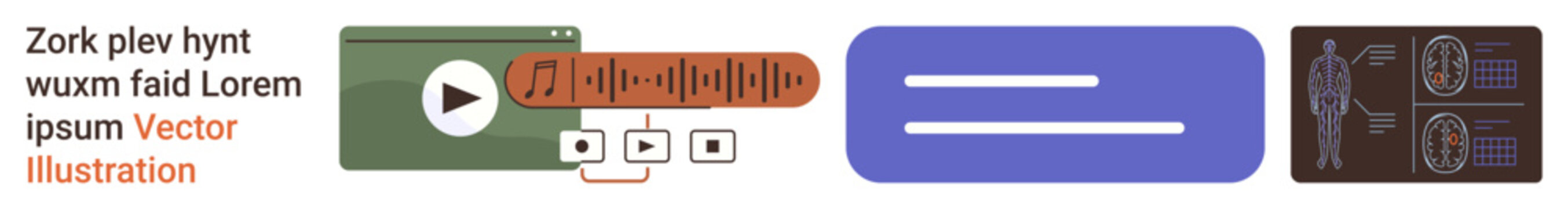 Multimedia applications, digital tools, online streaming, user interface design, identity verification, data authorization. A media player icon and waveform, visual elements for IDs. Multimedia
