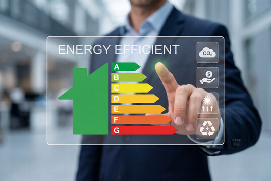 Businessman touching energy efficiency rating chart on virtual screen for green home concept