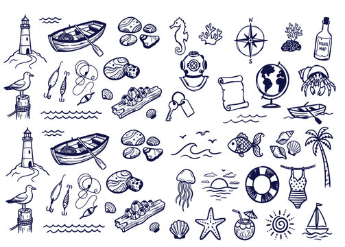 Hand drawn summer beach vector element set, tropical vacation icons with surfboards, palm trees, lighthouse and ocean waves, doodle illustration isolated on white.
