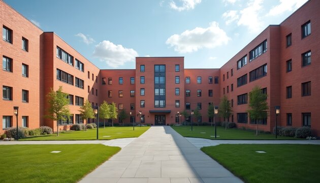 Modern student dormitory building with red brick facade, symmetrical windows. Green lawns, trees surround building under clear blue sky. Contemporary architecture offers student accommodation.