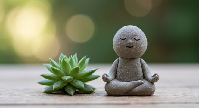 Meditating buddha figurine and succulent plant on wooden surface