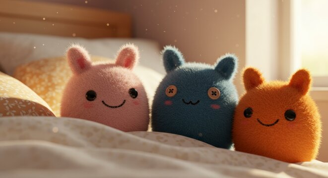 Three smiling plush toys on bed in soft lighting conceptual scene