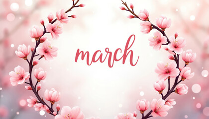 Fototapeta premium Soft pink cherry blossoms frame the word march in elegant script. Celebrate spring arrivals with delicate floral branches and warm bokeh lights. Gentle beauty for greetings.