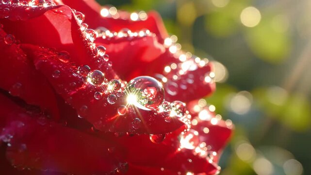 Close-up of a vibrant red rose petal covered in sparkling morning dew drops with sun flare