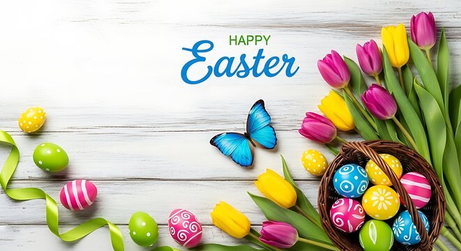Happy easter monday wishes with colorful tulips and easter eggs