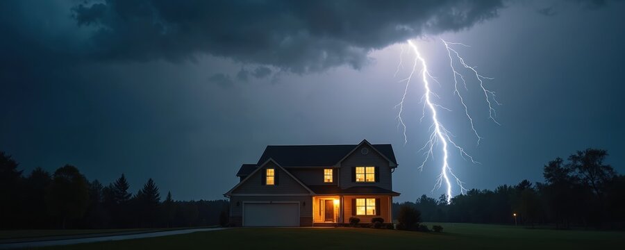 Suburban house endures powerful lightning strike during dark stormy night. Bright electrical bolt illuminates the sky above residential building. Home lights on.