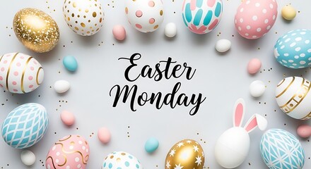 Happy easter monday wishes with colorful easter eggs and bunny