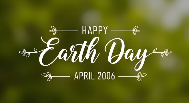 Happy Earth Day April 2006 text with foliage on green bokeh background 