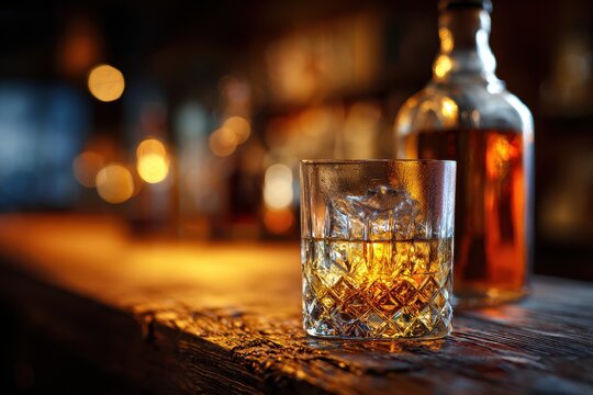 Close-up of a whiskey glass on ice beside a wooden bar with a blurred generic bottle