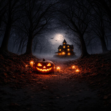 Glowing pumpkin in a haunted forest at night