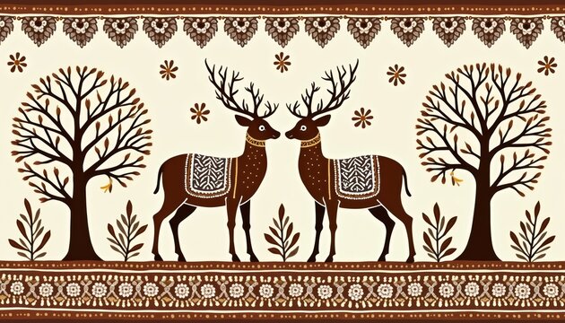 Two deer stand facing each other under decorative trees, floral borders in folk art style. This Indian inspired design features geometric patterns, natural motifs, evoking sense of tradition, nature.