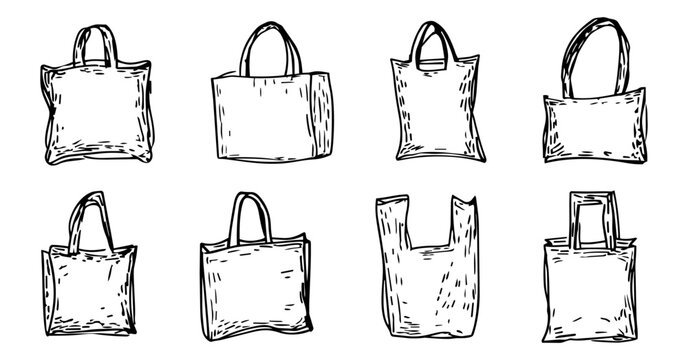 Eco-friendly reusable shopping bag icon set, hand drawn sketchy vector line art of tote bags in minimalist style