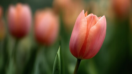 Fototapeta premium Close-up View of a Vibrant Coral-Orange Tulip Bloom in Spring Light With Blurred Tulips in the Background