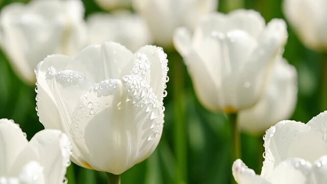 A cluster of pristine white tulips, each adorned with delicate dewdrops, basks in the gentle sunlight, a captivating display of nature's purity.