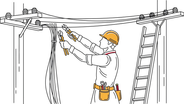 Skilled lineman wearing a hard hat works high up on a wooden utility pole to repair complex overhead electrical wiring connections.