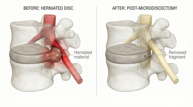Herniated Disc Before and After Microdiscectomy Surgery 3D Illustration