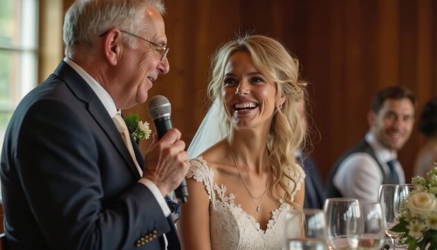 Father gives bride speech at wedding reception. He holds microphone, she smiles, laughs. Guests attend celebration event. Joyful family bond, emotional moment.