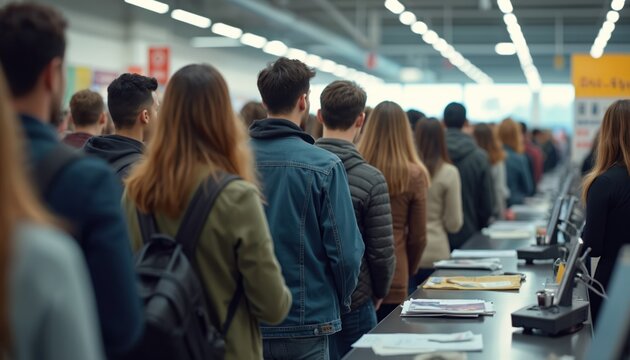 People wait in long line at store checkout. Shoppers stand in queue for payment. Consumers buy goods inside retail environment. Busy shop interior with many clients.