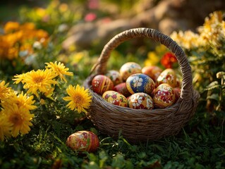 Fototapeta premium Colorful Easter Eggs in a Basket Placed Among Flowers in a Garden During Springtime Sunlight