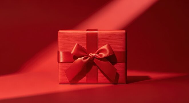 Red gift box with ribbon on red background overhead lighting