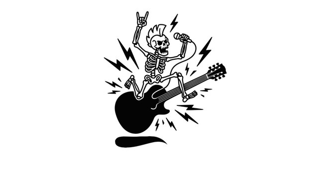 Minimalist Electric Guitar with Jumping Skeleton Line Art, Monochrome Vector Illustration of Rock and Metal Energy