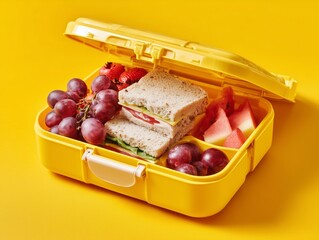Colorful Lunchbox With Sandwiches, Fruit, and Grapes on a Yellow Background