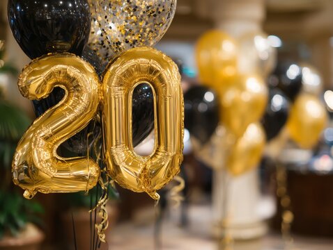 Celebrating a 20th Birthday Party With Black and Gold Balloons in a Decorated Venue