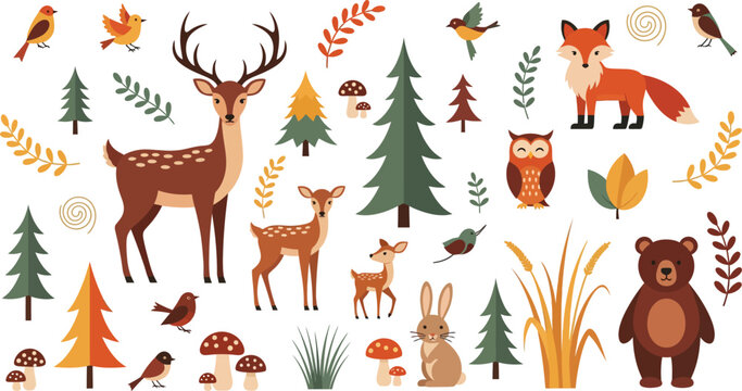 Whimsical forest animals and plants illustration with deer fox bear trees and foliage in earthy tones together