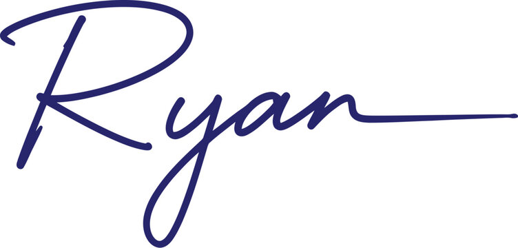 A signature with the name Ryan written in blue ink on a white background