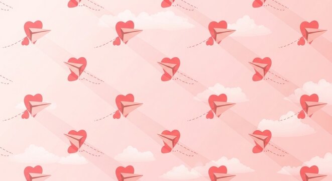 Heart shaped paper airplanes flying in a repeating pattern across a pink sky