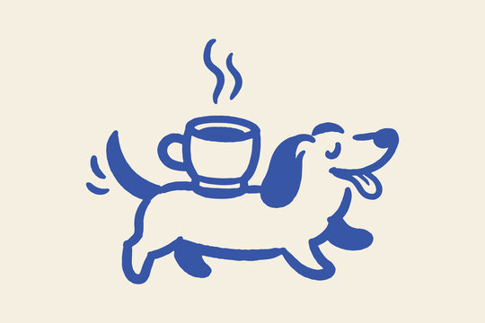 Dachshund carrying coffee naive hand drawn vector illustration