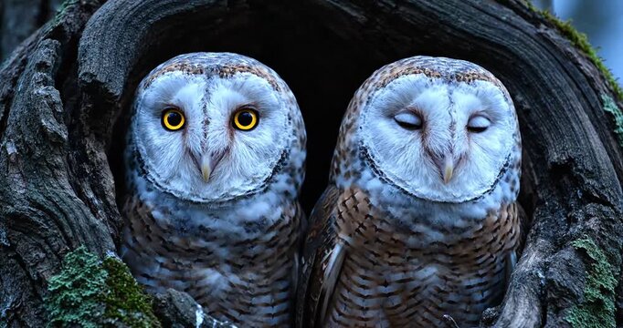 Two owls in a tree hollow.