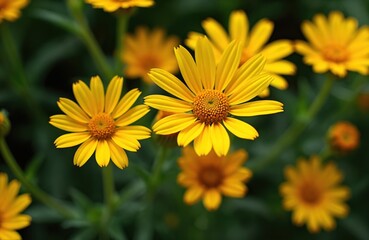 Obraz premium Bright yellow daisy flowers bloom in garden. Green leaves surround flora. Sunlight makes petals shine. Nature, summer day, botanical beauty close up.