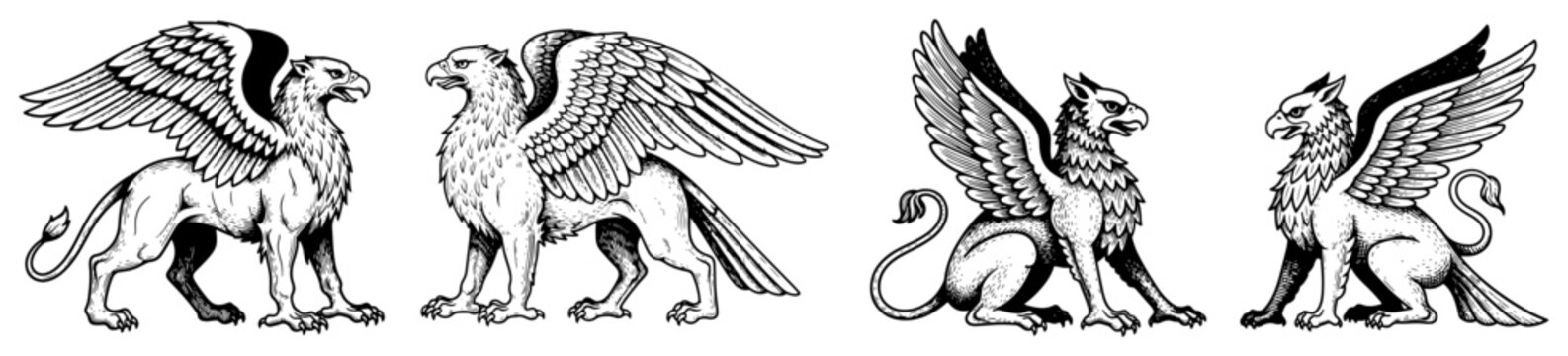 Heraldic griffin creatures in vintage engraving style vector illustration