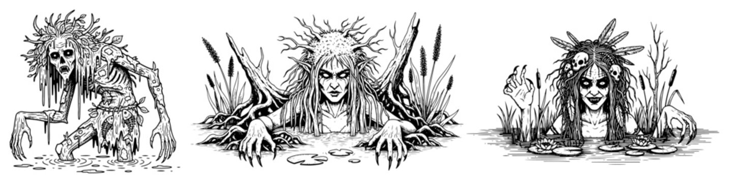 Hand drawn ink sketch of swamp witches crawling from marsh water