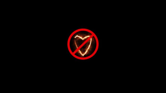 No Love Icon with Heart Symbol Crossed Out Red Prohibition Sign Neon Glow Design Forbidden Romance Concept Isolated on Black Background 4k video animation.