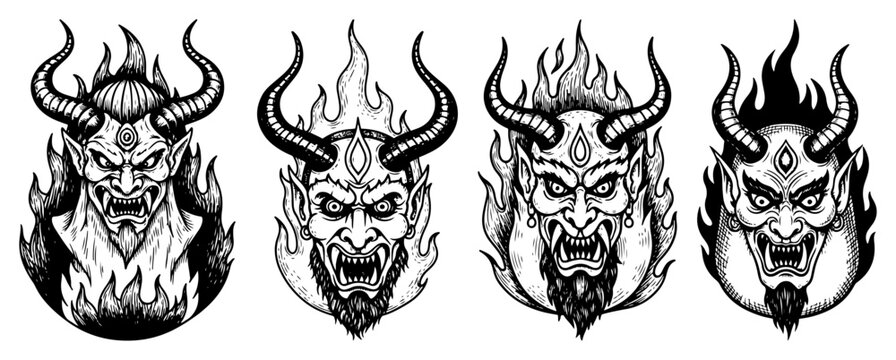 Set of horned demon masks in flames vintage ink engraving