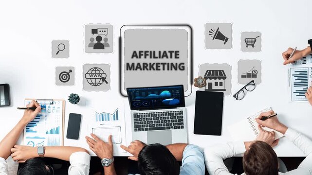 Engaging workspace highlighting affiliate marketing elements with charts and icons. Ideal for concepts of digital business, collaboration, and online strategy in action. Raster