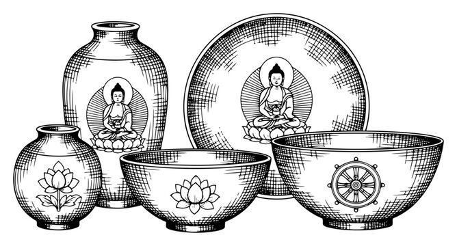 Hand drawn Buddhist temple ceramic vessel set with Buddha motifs vector illustration