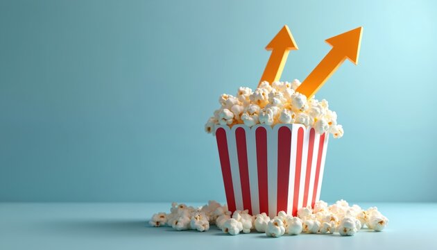 Striped popcorn bucket with orange arrows pointing up signifies success and growth in cinema industry. Entertainment snack signifies rising profits and positive trends in film.