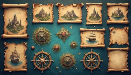 Obraz premium Collection of medieval fantasy maps and compasses on parchment scrolls. Illustrations feature castles, ships, mountains, and sea routes. Designed for RPG adventures and historical themes.