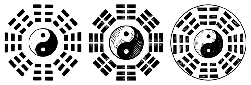 Set of bagua symbols with yin yang in engraving style vector illustration