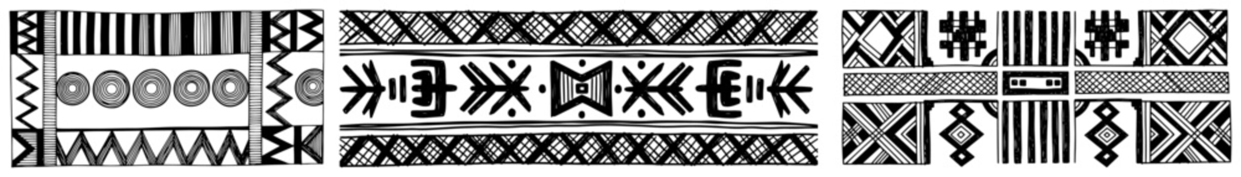 Tribal geometric border set in black and white line art