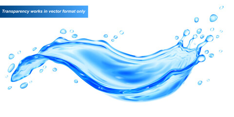 Translucent light blue wave with droplets isolated on white. Transparency only in vector format.