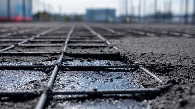 Close-up detail of reinforced plastic mesh embedded in a rubber waterproofing coating on a concrete flat roof