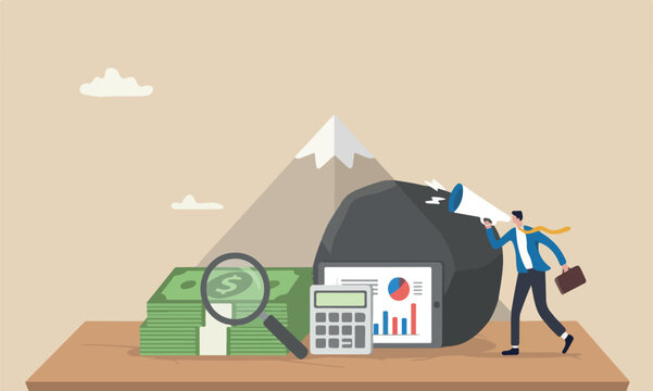 Tax, search for peak or financial report review concept, magnifying glass on pile of US Dollar banknotes money with calculator on graph and chart profit and loss report on wood table