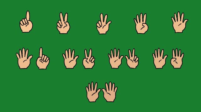 Hand-Drawn Fingers Counting Gestures 2D Animation | Cartoon Human Hands Numbering One to Ten video | Hand-Drawn Counting Hand Motion Graphics on Green Screen