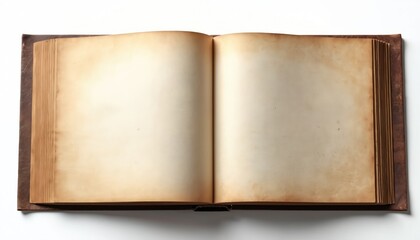 Fototapeta premium Open aged book mockup with aged paper pages lying flat. Blank vintage notebook with worn cover for your text. Use for stories, writing, or study.
