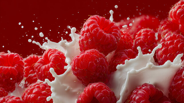 Fresh ripe raspberries splashing into creamy white milk with dynamic droplets in vibrant red background for healthy breakfast concept